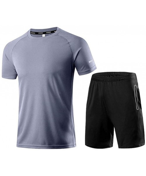 Shapewear Men's Casual Lattice Suit Summer Short Sleeve Shirt Shorts Pants Two Peice Suit - C Gray - C7197ICI6AX