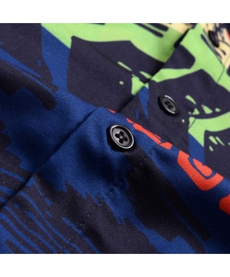 Sleep Tops Printed T Shirts for Men Turn Down Collar Short Sleeve Casual Striped Shirts - Blue - CM19C9XEOX0