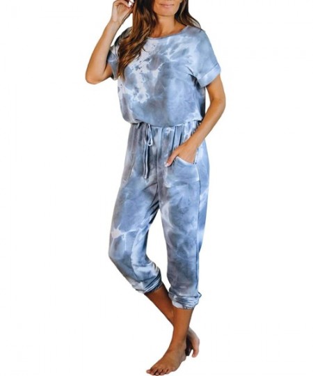 Sets Women Tie Dye Loungewear Tshirts Short Sleeve Long Wide Leg Pants Pocket Jumpsuits - Blue - C119C5KKEI7