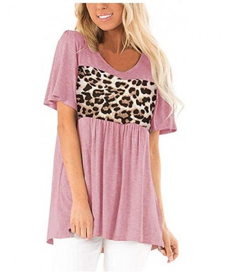 Nightgowns & Sleepshirts Womens Leopard Short Sleeve Twist Knot Patchwork O-Neck Casual Tunic Tops - C-pink - CN195Q5W8XU