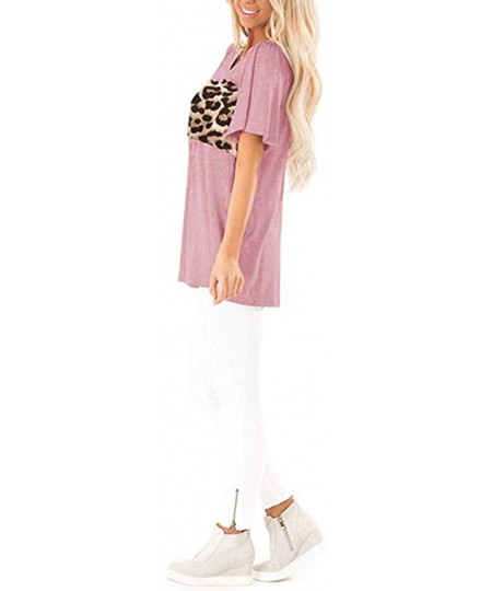 Nightgowns & Sleepshirts Womens Leopard Short Sleeve Twist Knot Patchwork O-Neck Casual Tunic Tops - C-pink - CN195Q5W8XU