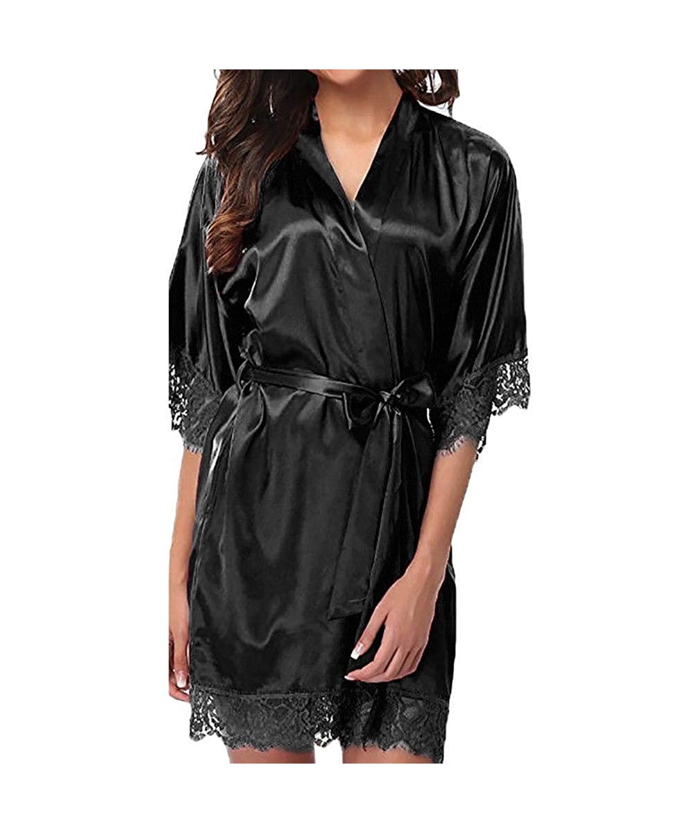 Robes Women's Lady Sexy Lace Sleepwear Satin Nightwear Lingerie Pajamas Suit - Black - C8195H552DU