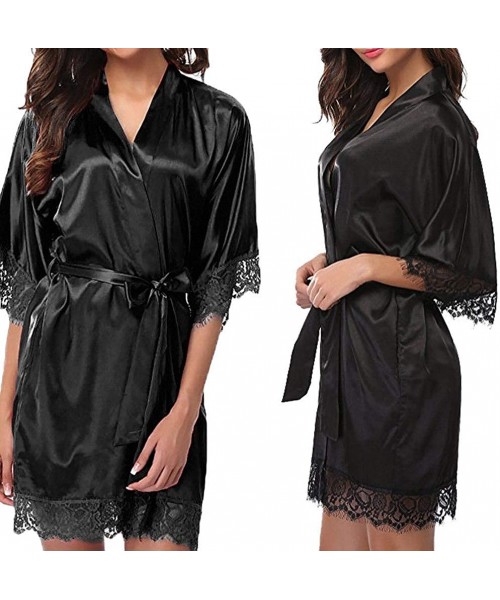 Robes Women's Lady Sexy Lace Sleepwear Satin Nightwear Lingerie Pajamas Suit - Black - C8195H552DU