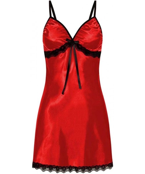 Nightgowns & Sleepshirts PJ Women's Nighte Dress Plus Size Lace Bow Lingerie Babydoll Nightwear Sleepskirt - Red - C218HGGCGL9