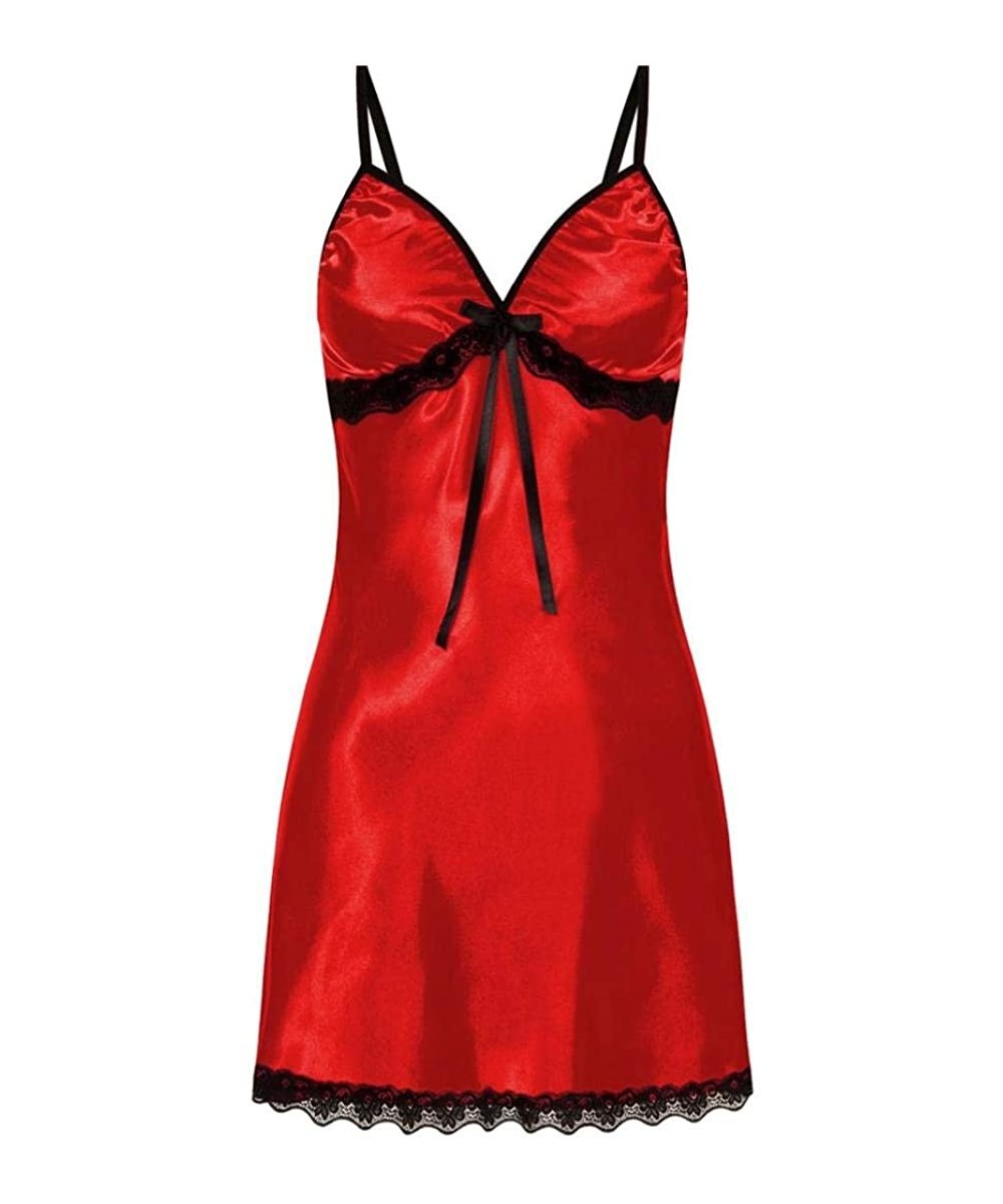 Nightgowns & Sleepshirts PJ Women's Nighte Dress Plus Size Lace Bow Lingerie Babydoll Nightwear Sleepskirt - Red - C218HGGCGL9