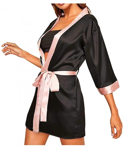 Robes New Women Silk Long Sleeve Satin Pajamas Sleepwear Robe with Belt Bathrobe - Black - C8196GXH5TT