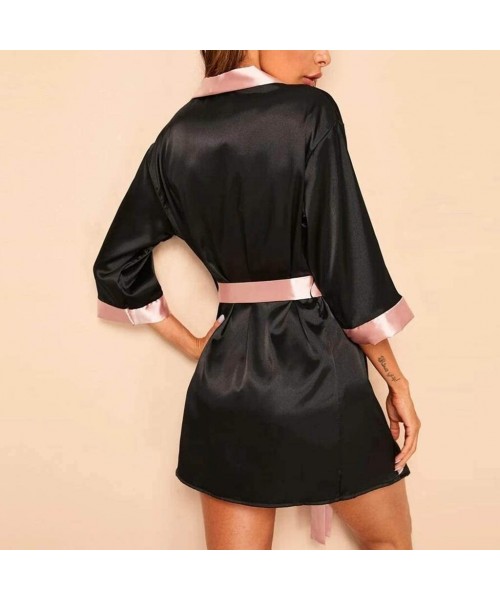 Robes New Women Silk Long Sleeve Satin Pajamas Sleepwear Robe with Belt Bathrobe - Black - C8196GXH5TT
