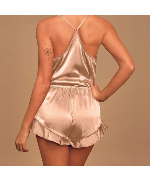 Sets Womens Pajamas Set Lace Satin Cami Shorts Homewear Sexy Lingerie Silky Soft Sleepwear Elastic Waist Nightwear - Champagn...