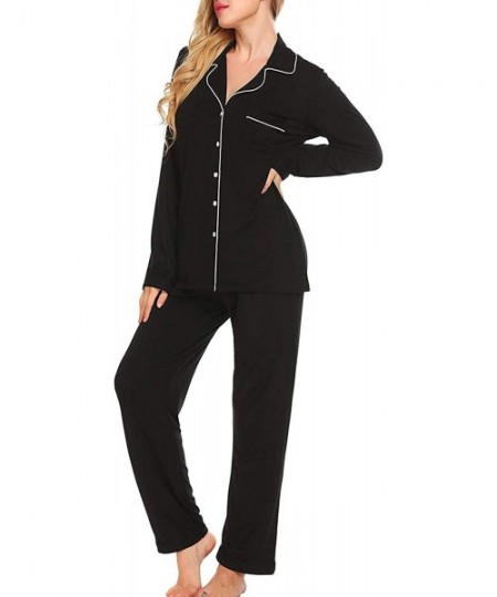 Sets Pajamas for Women Long/Short Sleeve Button Down Sleepwear Set 2 Piece Cotton Pjs Soft Nightwear Set Loungewear - C black...
