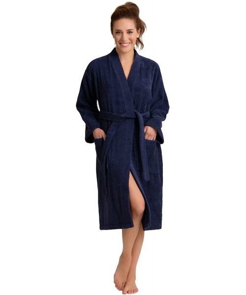 Robes Women's Soft Absorbent Bath Robe Terry Cloth Kimono Long Bathrobe 100% Turkish Cotton - Navy - CY189WXRI77