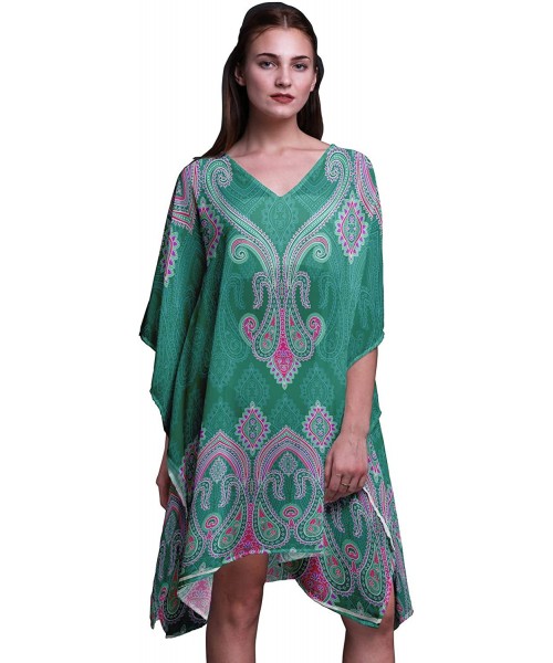 Nightgowns & Sleepshirts Green Floral & Paisley Beach Kaftan Bikini Cover up Women Midi Dress Short Caftan - Teal Green - CZ1...