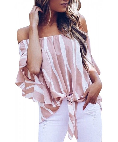 Tops Off The Shoulder Tops for Women White Striped Shirt Waist Tie Blouse Short Sleeve Casual T Shirts Tops - Pink - CD196MD0WIU