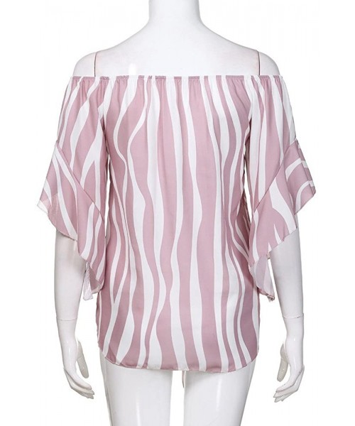 Tops Off The Shoulder Tops for Women White Striped Shirt Waist Tie Blouse Short Sleeve Casual T Shirts Tops - Pink - CD196MD0WIU