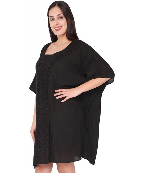 Nightgowns & Sleepshirts Women's Tunic Rayon Short Caftan Embroidered Summer Dress (Free Size) - Black - C0193EK85DL