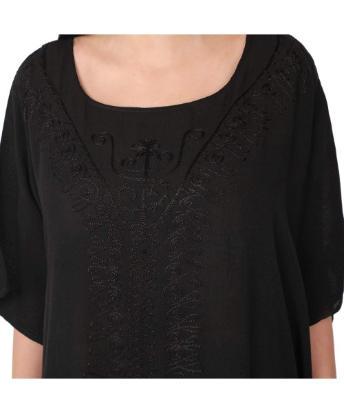 Nightgowns & Sleepshirts Women's Tunic Rayon Short Caftan Embroidered Summer Dress (Free Size) - Black - C0193EK85DL