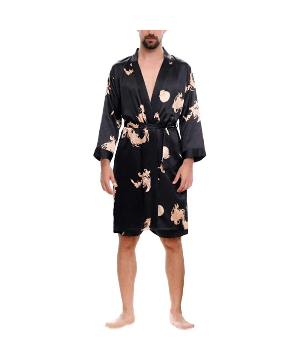 Robes Men Imitation Silk Dragon Print Bath Robe Short Pants Pajama Sleepwear Set - Black - CO196ES3X5Z