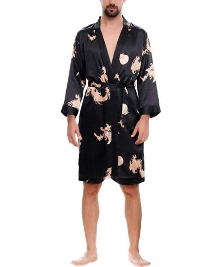 Robes Men Imitation Silk Dragon Print Bath Robe Short Pants Pajama Sleepwear Set - Black - CO196ES3X5Z