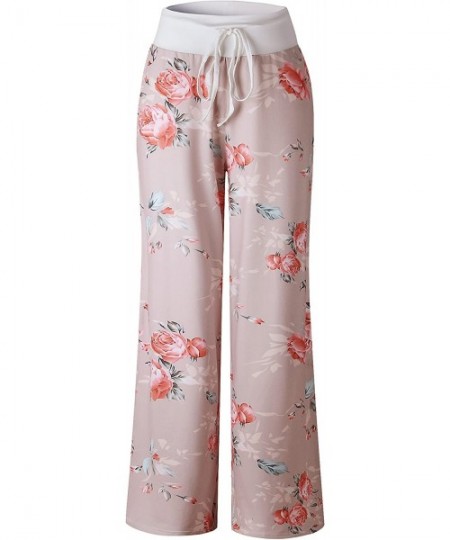 Bottoms Women's Comfy Stretch Floral Print Drawstring Long Wide Leg Lounge Pants - Khaki 4 - C218DZWE5QX