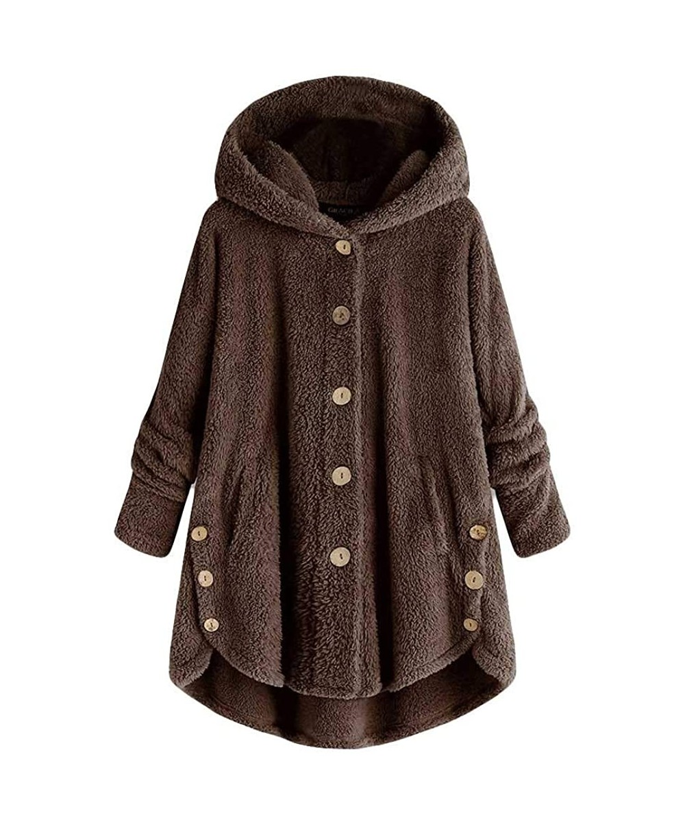 Thermal Underwear Women Fluffy Tail Button Coat Fashion Jacket Hooded Pullover Loose Sweater Tops - Coffee - C318ZQRLISW