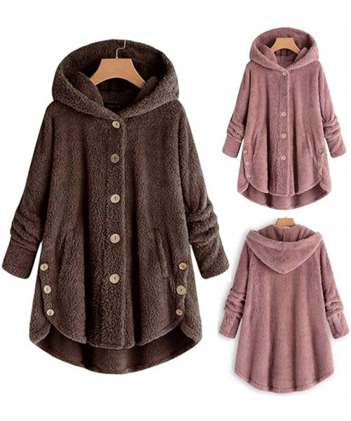 Thermal Underwear Women Fluffy Tail Button Coat Fashion Jacket Hooded Pullover Loose Sweater Tops - Coffee - C318ZQRLISW