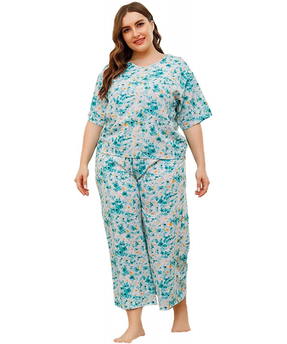 Sets Women's Casual Plus Floral Print V Neck Short Sleeve Tee and Pants Pajama Set - Multicoloured - C919C9X8UW5