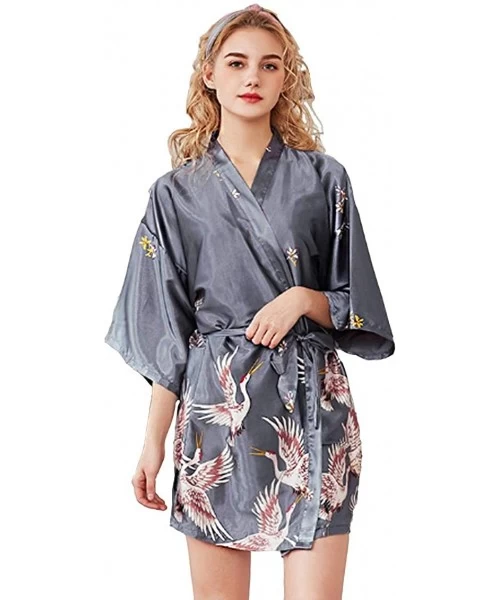 Robes Women Elegant Kimono Robes Satin Silk Short Sleepwear Bathrobe Bridal Dressing Gown Robe - Grey - CF190E7UNQX
