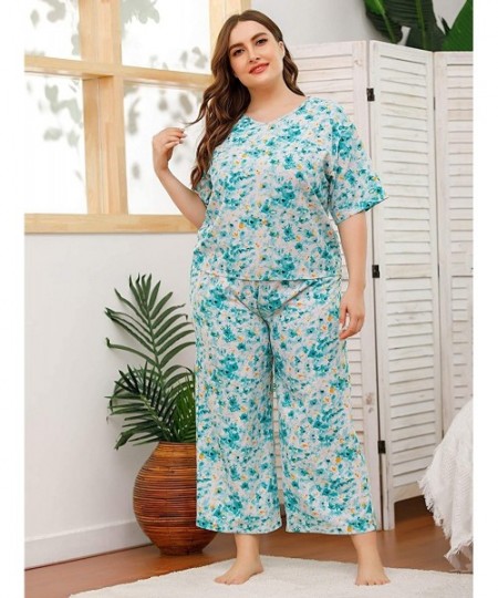 Sets Women's Casual Plus Floral Print V Neck Short Sleeve Tee and Pants Pajama Set - Multicoloured - C919C9X8UW5