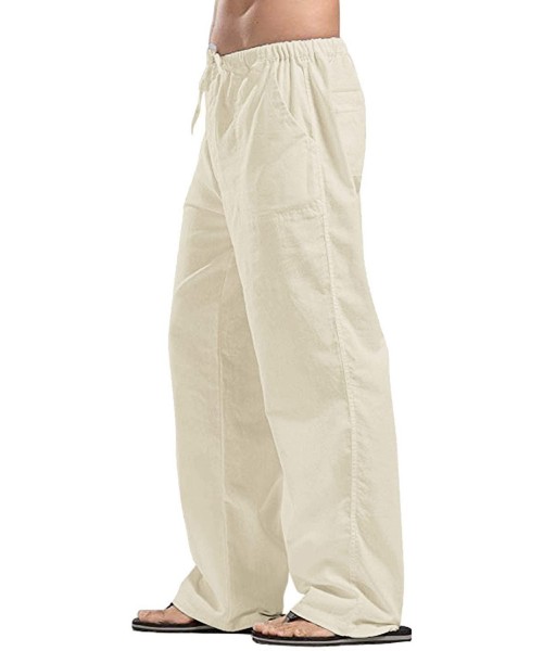 Sleep Bottoms Men's Linen Pants Casual Elastic Waist Drawstring Yoga Beach Trousers - 1 - Light Khaki - CU18W5NT34K