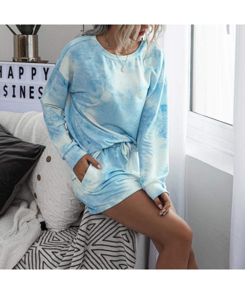Sets Women Pajamas Set Tie Dye Print Two Piece Long Sleeve Nightwear Sleepwear Loungewear - Short-blue - CH19CYOL5G4