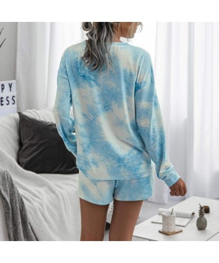 Sets Women Pajamas Set Tie Dye Print Two Piece Long Sleeve Nightwear Sleepwear Loungewear - Short-blue - CH19CYOL5G4