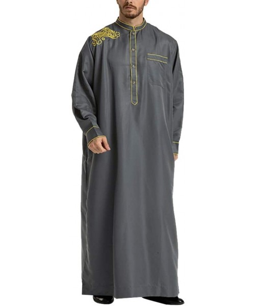 Robes Islamic Thobe Stand Collar Embroidery Long Sleeve Middle Eastern Arab Muslim Wear Robe Clothes for Men Size L (Grey) - ...
