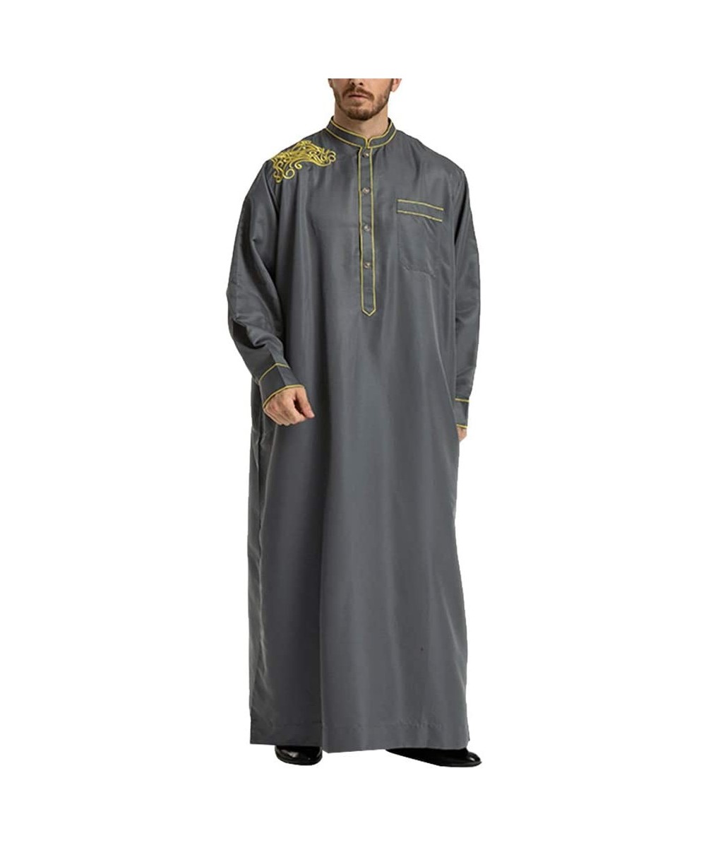 Robes Islamic Thobe Stand Collar Embroidery Long Sleeve Middle Eastern Arab Muslim Wear Robe Clothes for Men Size L (Grey) - ...