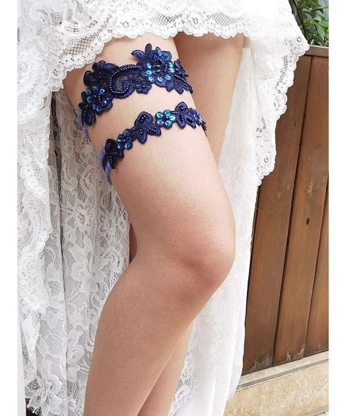 Garters & Garter Belts Vintage Wedding Garter Set Lace Sequins Bridal Garter Set S05 - navy - C318QDQZA9Y