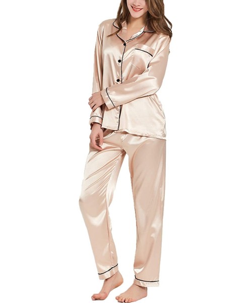 Sets Womens Silk Satin Pajamas Long Sleeve Loungewear Two-Piece Sleepwear Button-Down Pj Set - Champagne - CK18XKY90ZG