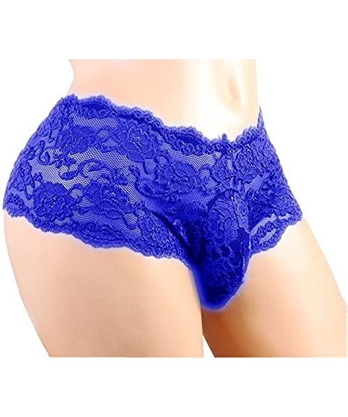G-Strings & Thongs Mens Sexy Silky Lace Bikini Briefs G-String Thong Bulge Pouch Panties Underwear - Blue - CX18YZ80W02
