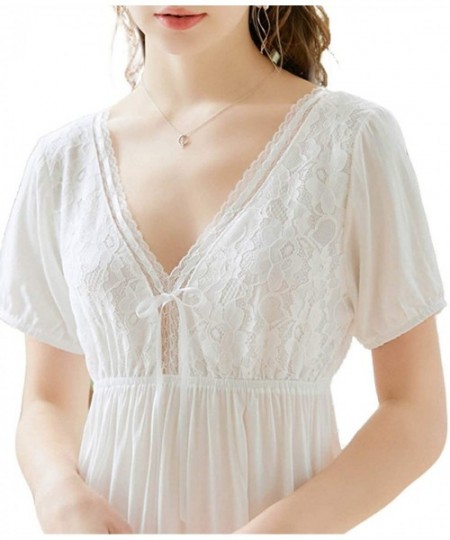 Nightgowns & Sleepshirts Women's V Neck Backless Sleepshirts Lace Victorian Nightgown Vintage Cotton Short Sleeve Nightwear -...