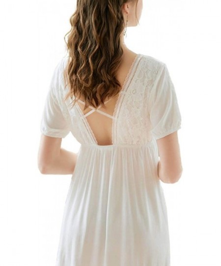Nightgowns & Sleepshirts Women's V Neck Backless Sleepshirts Lace Victorian Nightgown Vintage Cotton Short Sleeve Nightwear -...