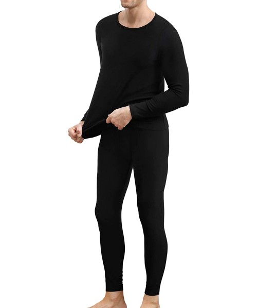 Thermal Underwear Men's Cotton Thermal Underwear Set Heavyweight Long Johns Fleece Lined - Black - C818X07H7ED