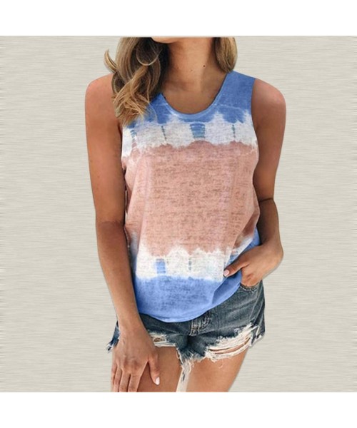 Thermal Underwear Womens Color Block Tie-Dye Sleeveless Crew Neck Casual Tanks Tops Cami Tunic Shirts Blouse S-5XL - Blue - C...