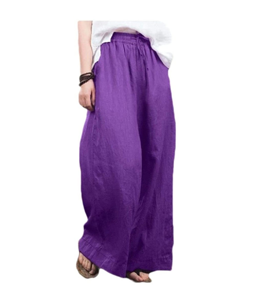 Bottoms Women Linen Pure Color Mid Waist Lounge Leg Pants with Pockets - Purple - C819CCWT439