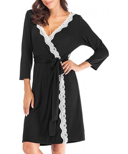 Nightgowns & Sleepshirts Women Robe Soft Kimono Robes Cotton Bathrobe Sleepwear Loungewear Short - Black3 - CF18UKAHOY6