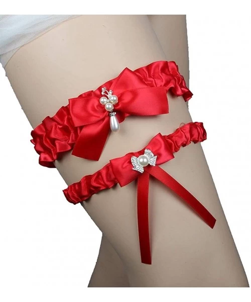 Garters & Garter Belts Sexy Rhinstones Lace Wedding Garters for Party Prom Throw Garter Set 2 Pcs - Red - CI18UNRW60C