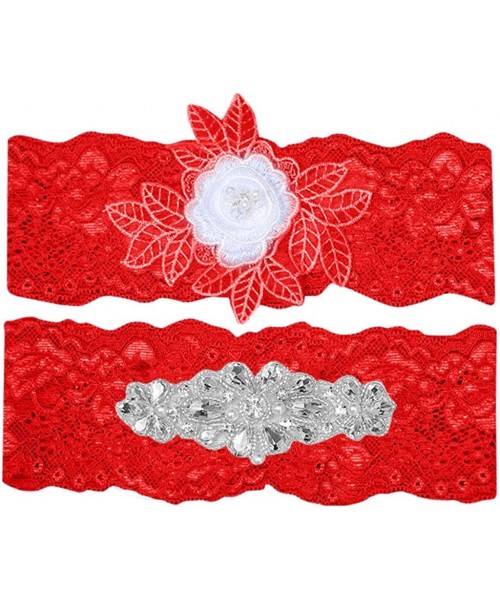 Garters & Garter Belts Lace Garter Set Wedding Garter Belt Flower Floral Design Garter for Bride with Rhinestones - Red - CV1...