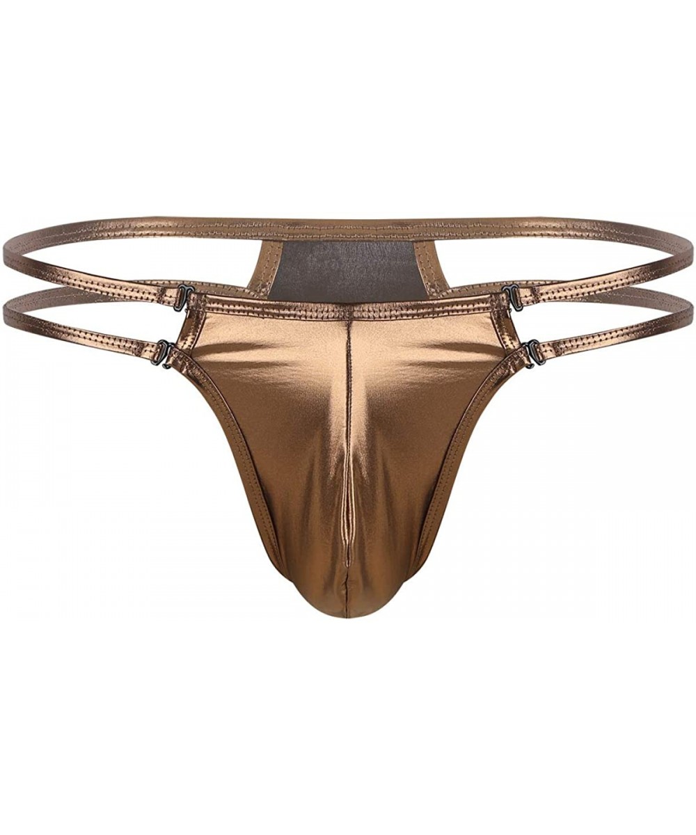 Bikinis Mens Shiny Metallic Jock Strap Low Rise Bulge Pouch G-String T-Back Underwear - Coffee - C718TSCU6C3