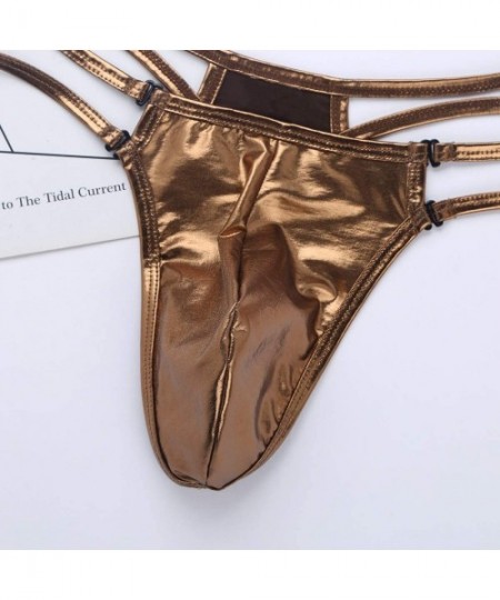 Bikinis Mens Shiny Metallic Jock Strap Low Rise Bulge Pouch G-String T-Back Underwear - Coffee - C718TSCU6C3