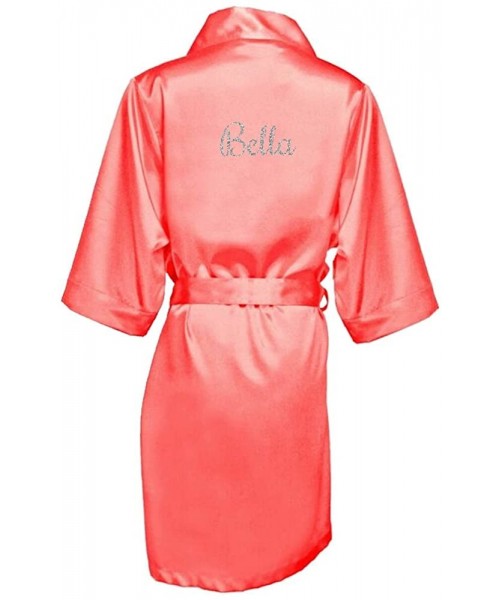 Robes Women's Personalized Glitter Print Satin Robe Name or Phrase - Bride & Bridesmaid Kimono Robe - Coral - CL1827Y32OT