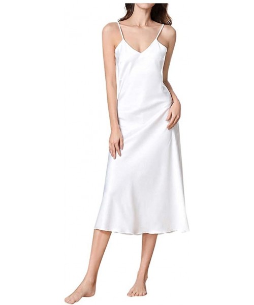 Nightgowns & Sleepshirts Women Ladies Sexy V-Neck Imitated Silk Suspender Nightdress Spaghetti Straps Midi Sleepwear - White ...