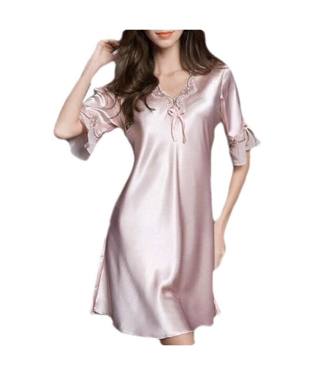 Nightgowns & Sleepshirts Sexy V-Neck Satin Short Sleeve Loose Fit Nightgown Sleep Dress - Pink - CJ19DNMNRL4