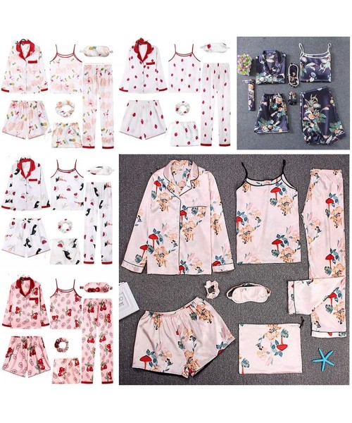 Sets Strap Sleepwear Pyjamas Women's 7 Pieces Pink Pajamas Sets Satin Silk Lingerie Homewear Set Pijamas Woman - Lark - CY18Y...