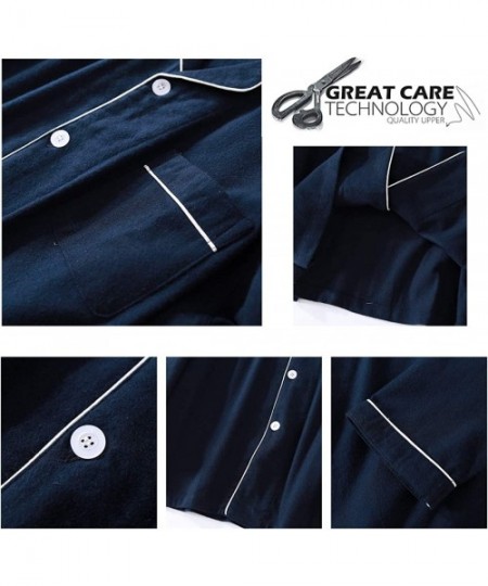 Sleep Sets Mens Button Down Sleepwear Stripe Plaid Cotton Loungewear Pajama Set - Navy/Solid - CQ198GK2R06